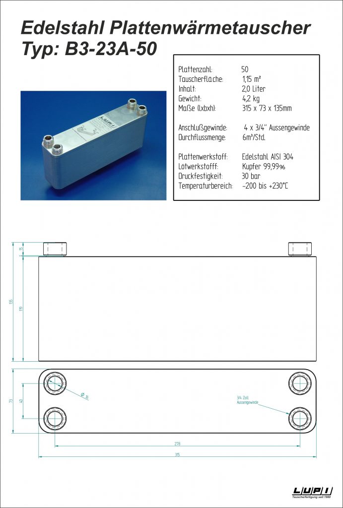 Edelstahl Plattenwärmetauscher Typ B3 23A 50 LUPI Wärmetechnik